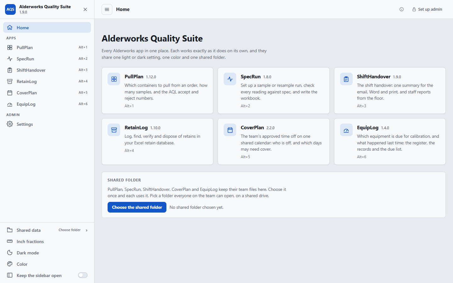 The Alderworks Quality Suite home page, with its apps in the sidebar