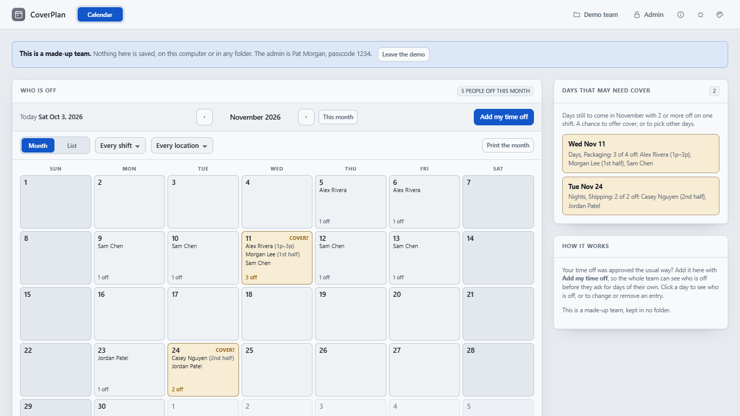 CoverPlan's shared calendar for a made-up team, with approved time off and days that may need cover