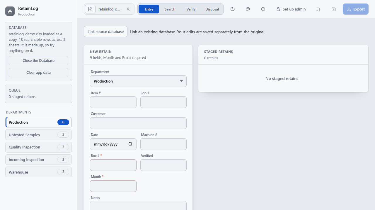 The RetainLog entry form